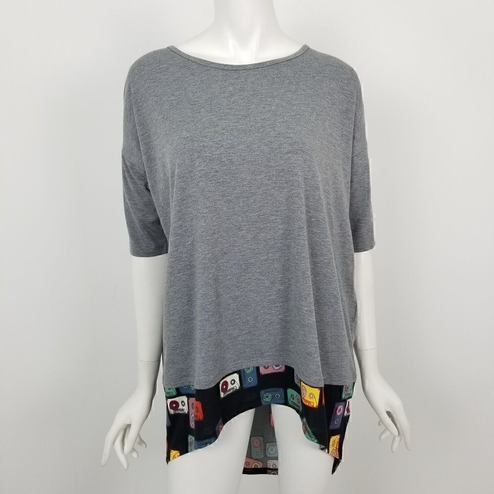 Lularoe Womens Size Small Gray & Black Cassette Tape Irma Tunic Top High Low NWT